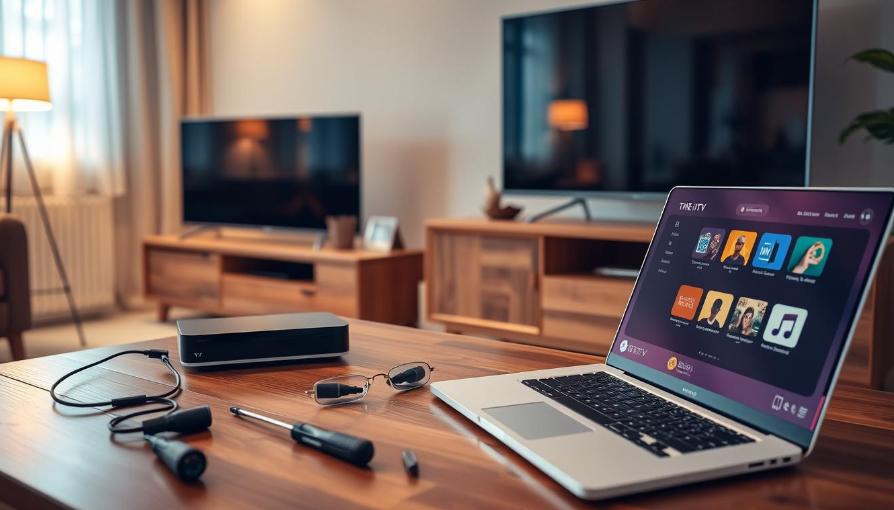 Laptop exibindo conteúdo de streaming, acessando um teste IPTV.